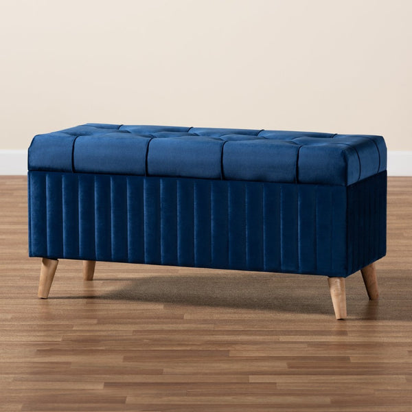 Baxton Studio Baxton Studio Navy Blue Velvet Storage Ottoman with Walnut Legs - Elegant, Versatile & Chic Design HY2A19B046S-Navy Blue Velvet-Otto