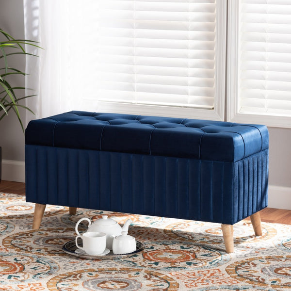 Baxton Studio Baxton Studio Navy Blue Velvet Storage Ottoman with Walnut Legs - Elegant, Versatile & Chic Design HY2A19B046S-Navy Blue Velvet-Otto