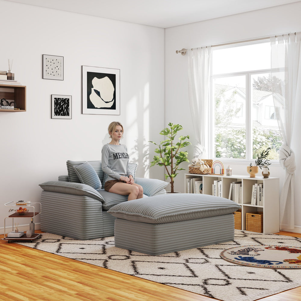 English Elm 47.25" Oversized Chaise Lounge with Ottoman Antique Grey White Corduroy, Plush Pillows, No Assembly T3936P390323