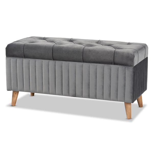 Baxton Studio Baxton Studio Hanley Modern Grey Velvet Storage Ottoman with Walnut Finish, Stylish & Functional Seat HY2A19B046S-Grey Velvet-Otto