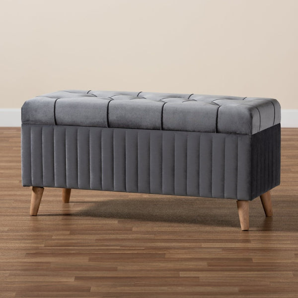 Baxton Studio Baxton Studio Hanley Modern Grey Velvet Storage Ottoman with Walnut Finish, Stylish & Functional Seat HY2A19B046S-Grey Velvet-Otto