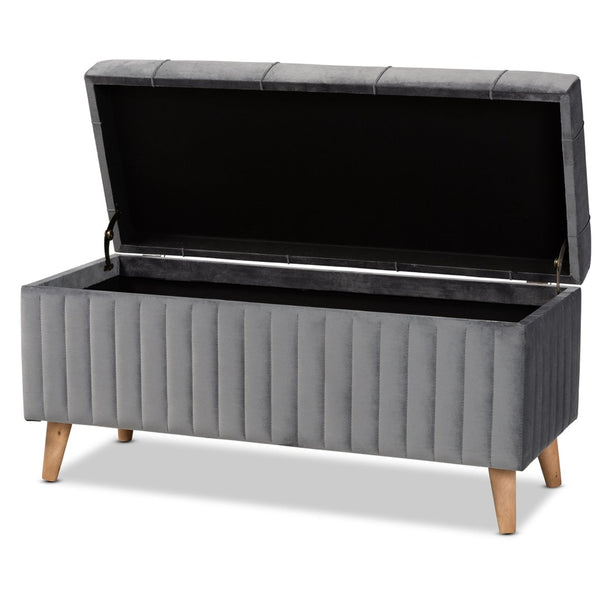 Baxton Studio Baxton Studio Hanley Modern Grey Velvet Storage Ottoman with Walnut Finish, Stylish & Functional Seat HY2A19B046S-Grey Velvet-Otto