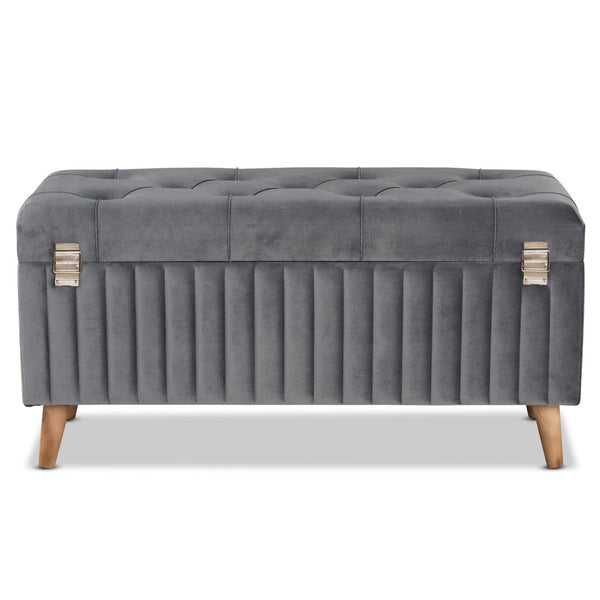 Baxton Studio Baxton Studio Hanley Modern Grey Velvet Storage Ottoman with Walnut Finish, Stylish & Functional Seat HY2A19B046S-Grey Velvet-Otto