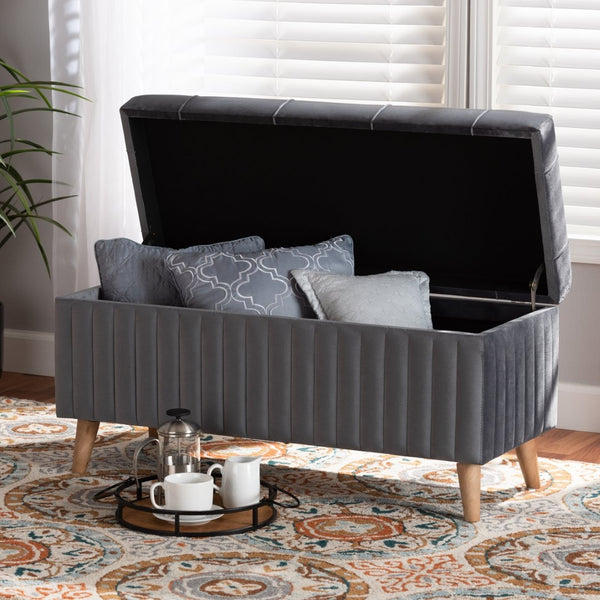 Baxton Studio Baxton Studio Hanley Modern Grey Velvet Storage Ottoman with Walnut Finish, Stylish & Functional Seat HY2A19B046S-Grey Velvet-Otto