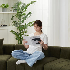 English Elm Two Curved Chenille Sectional Sofa with Sculptural Modular Design and Four Throw Pillows Green W834S00577