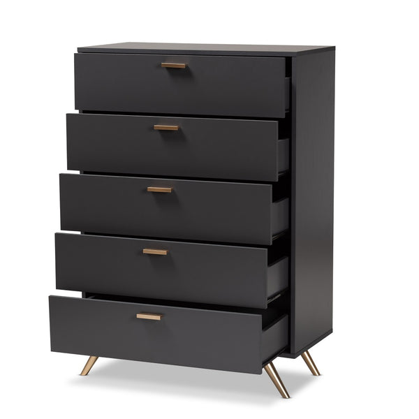 Baxton Studio Baxton Studio 5-Drawer Chest in Dark Grey with Gold Accents - Modern Storage for Every Bedroom Decor LV19COD1923-Dark Grey-5DW-Chest