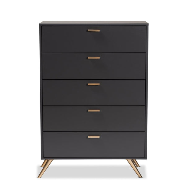 Baxton Studio Baxton Studio 5-Drawer Chest in Dark Grey with Gold Accents - Modern Storage for Every Bedroom Decor LV19COD1923-Dark Grey-5DW-Chest