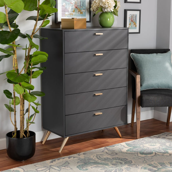 Baxton Studio Baxton Studio 5-Drawer Chest in Dark Grey with Gold Accents - Modern Storage for Every Bedroom Decor LV19COD1923-Dark Grey-5DW-Chest