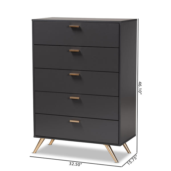 Baxton Studio Baxton Studio 5-Drawer Chest in Dark Grey with Gold Accents - Modern Storage for Every Bedroom Decor LV19COD1923-Dark Grey-5DW-Chest