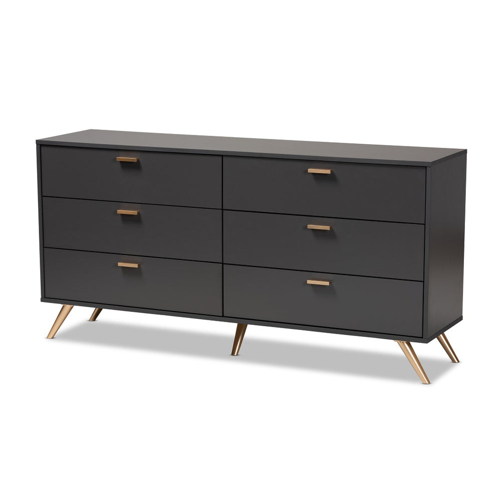Baxton Studio Baxton Studio Kelson Dark Grey & Gold 6-Drawer Dresser for Modern Bedroom, Stylish Storage Solution LV19COD19231-Dark Grey-6DW-Dresser