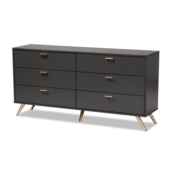 Baxton Studio Baxton Studio Kelson Dark Grey & Gold 6-Drawer Dresser for Modern Bedroom, Stylish Storage Solution LV19COD19231-Dark Grey-6DW-Dresser