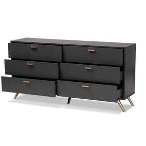 Baxton Studio Baxton Studio Kelson Dark Grey & Gold 6-Drawer Dresser for Modern Bedroom, Stylish Storage Solution LV19COD19231-Dark Grey-6DW-Dresser