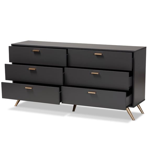 Baxton Studio Baxton Studio Kelson Dark Grey & Gold 6-Drawer Dresser for Modern Bedroom, Stylish Storage Solution LV19COD19231-Dark Grey-6DW-Dresser