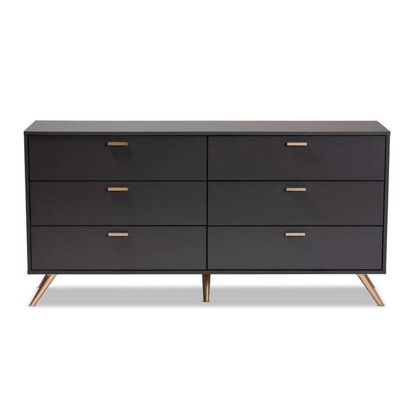 Baxton Studio Baxton Studio Kelson Dark Grey & Gold 6-Drawer Dresser for Modern Bedroom, Stylish Storage Solution LV19COD19231-Dark Grey-6DW-Dresser