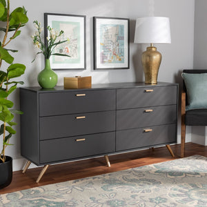 Baxton Studio Baxton Studio Kelson Dark Grey & Gold 6-Drawer Dresser for Modern Bedroom, Stylish Storage Solution LV19COD19231-Dark Grey-6DW-Dresser