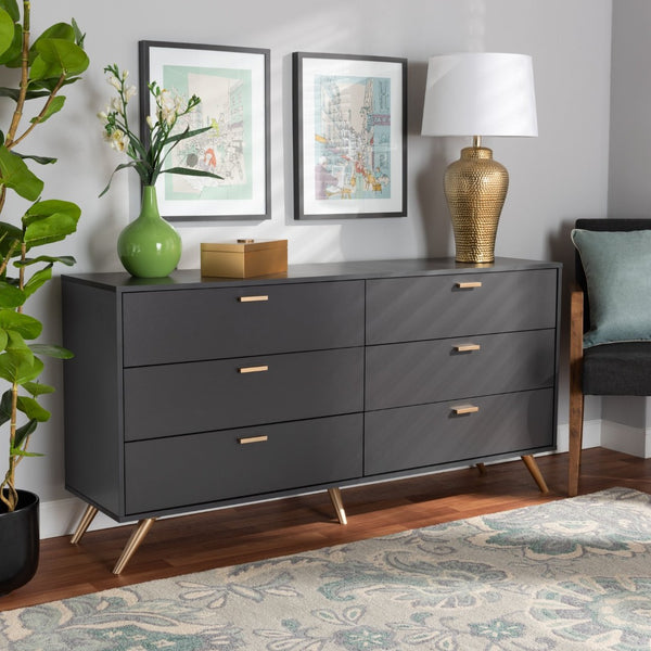 Baxton Studio Baxton Studio Kelson Dark Grey & Gold 6-Drawer Dresser for Modern Bedroom, Stylish Storage Solution LV19COD19231-Dark Grey-6DW-Dresser