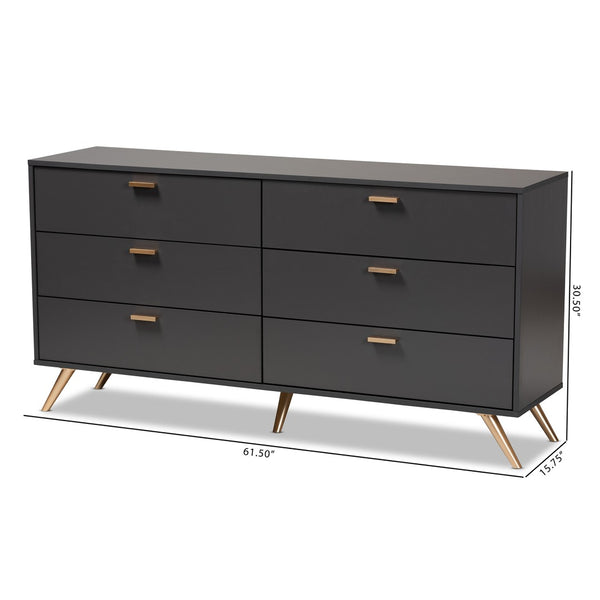 Baxton Studio Baxton Studio Kelson Dark Grey & Gold 6-Drawer Dresser for Modern Bedroom, Stylish Storage Solution LV19COD19231-Dark Grey-6DW-Dresser
