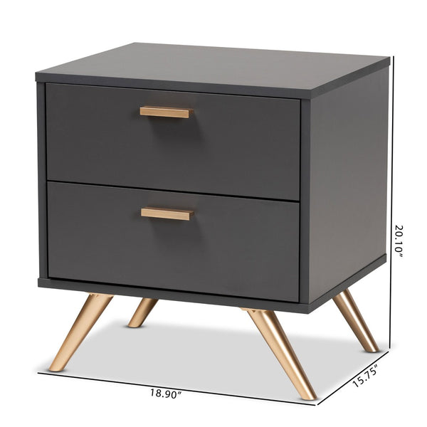 Baxton Studio Baxton Studio Modern 2-Drawer Nightstand in Dark Grey with Gold Accents for Stylish Bedroom Storage LV19ST1924-Dark Grey-NS