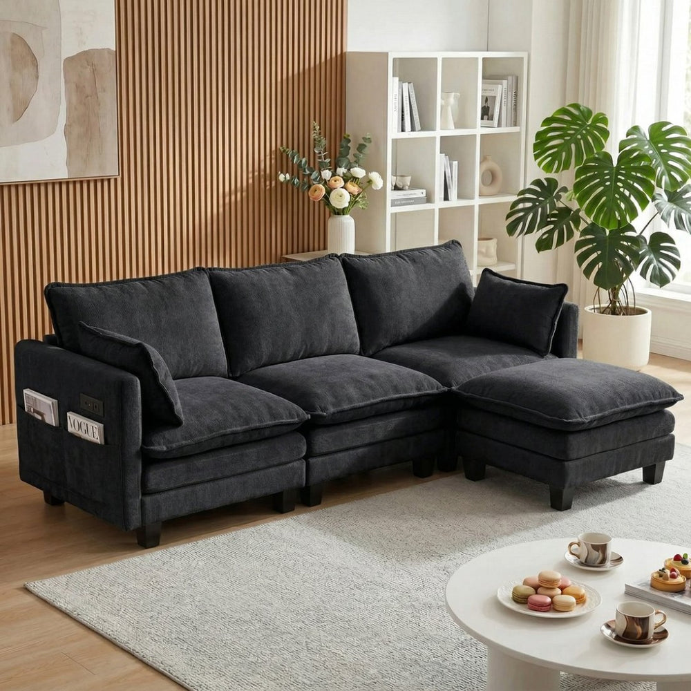 English Elm Modern Chenille Three Seat Sofa with Ottoman Usb Charging Ports and Storage Pockets Black W2519S00002