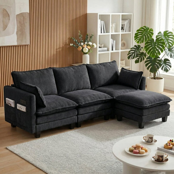 English Elm Modern Chenille Three Seat Sofa with Ottoman Usb Charging Ports and Storage Pockets Black W2519S00002