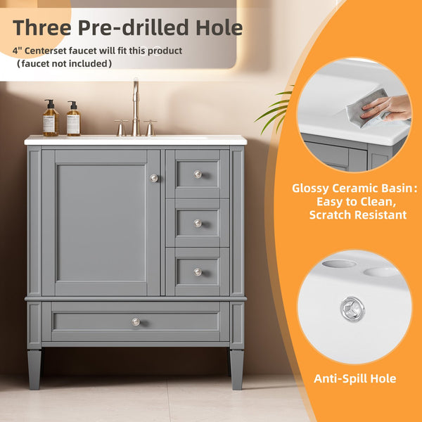 English Elm 30 30 Inch Bathroom Vanity with Ceramic Sink, Modern Compact 3-Drawer Storage Cabinet for Small Baths Grey N710P247499E