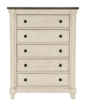 English Elm Transitional Rustic Five Drawer Chest Pine Oak Veneer Antique White Bedroom Storage B011P225155