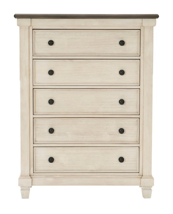English Elm Transitional Rustic Five Drawer Chest Pine Oak Veneer Antique White Bedroom Storage B011P225155