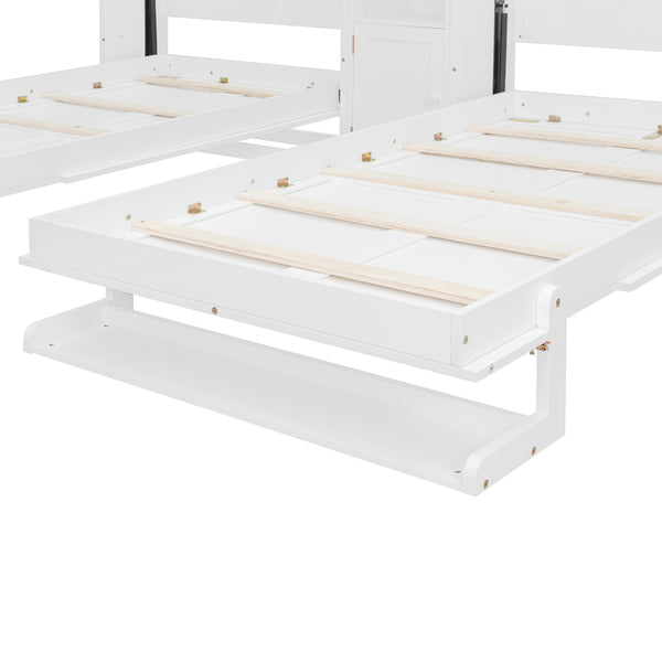 English Elm Dual Twin Murphy Beds with Built-In Cabinets & Shelves for Space-Saving Guest Rooms and Studios White N820S00058K