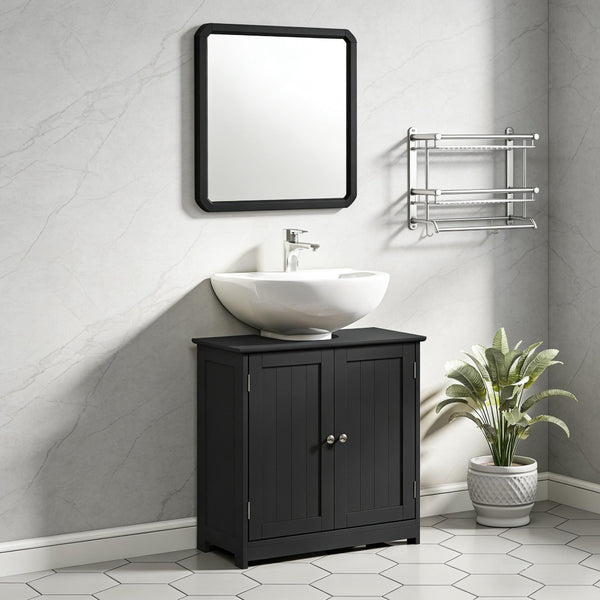 English Elm Bathroom Pedestal Sink Surround Cabinet Matte Black Mdf Double Door Storage T3971P440234