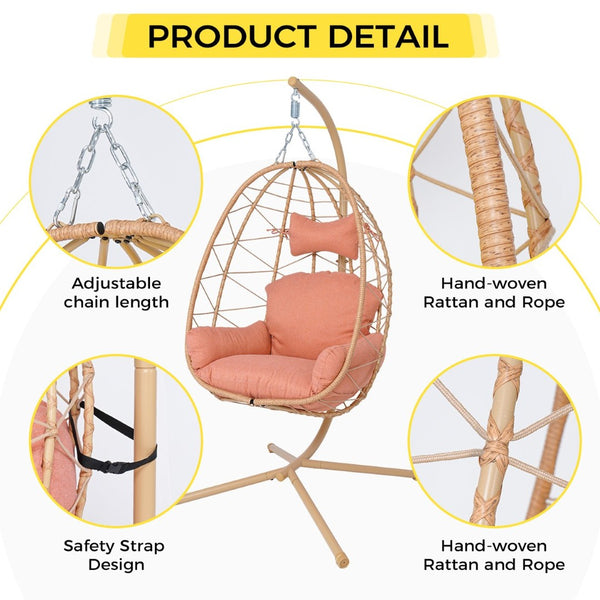 English Elm Hanging Egg Chair with Stand Pe Wicker Ergonomic Swing Seat for Patio or Bedroom T5880P497566