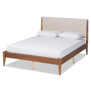 Baxton Studio Baxton Lenora Full Size Mid-Century Modern Platform Bed with Upholstered Headboard & Walnut Legs MG0077S-Beige/Walnut-Full