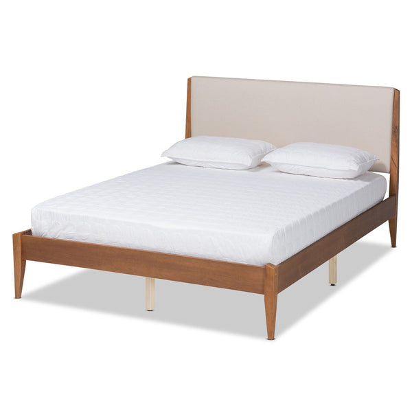 Baxton Studio Baxton Lenora Full Size Mid-Century Modern Platform Bed with Upholstered Headboard & Walnut Legs MG0077S-Beige/Walnut-Full