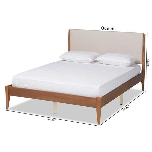 Baxton Studio Baxton Lenora Full Size Mid-Century Modern Platform Bed with Upholstered Headboard & Walnut Legs MG0077S-Beige/Walnut-Full