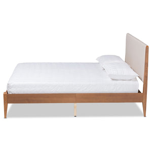 Baxton Studio Baxton Lenora Full Size Mid-Century Modern Platform Bed with Upholstered Headboard & Walnut Legs MG0077S-Beige/Walnut-Full