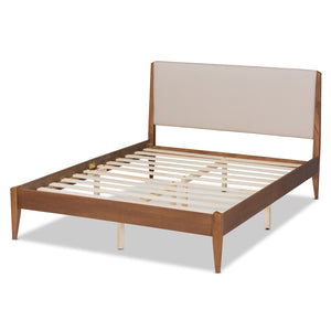 Baxton Studio Baxton Lenora Full Size Mid-Century Modern Platform Bed with Upholstered Headboard & Walnut Legs MG0077S-Beige/Walnut-Full