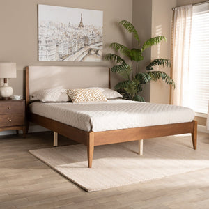 Baxton Studio Baxton Lenora Full Size Mid-Century Modern Platform Bed with Upholstered Headboard & Walnut Legs MG0077S-Beige/Walnut-Full