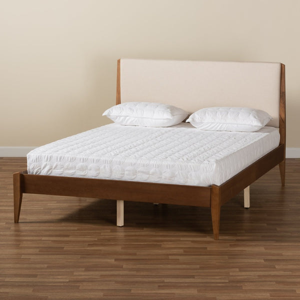 Baxton Studio Baxton Lenora Full Size Mid-Century Modern Platform Bed with Upholstered Headboard & Walnut Legs MG0077S-Beige/Walnut-Full