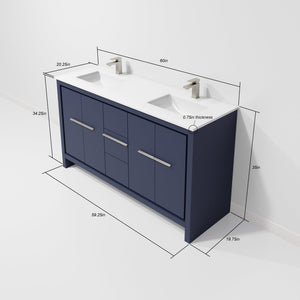 English Elm Navy Double Bath Vanity 60" W With White Quartz Top, Gun Metal Faucet & Ample Storage Solutions B2731P259441