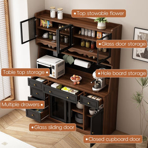 English Elm Freestanding Buffet Hutch with Glass Doors Six Drawers and Built in Power Outlet W5389S00002