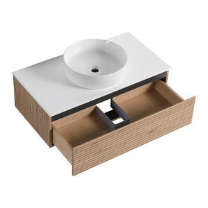 English Elm 36'' Floating Wall Mounted Vanity Plywood Cabinet with Ceramic Vessel Sink Soft Close Drawer W999S00362