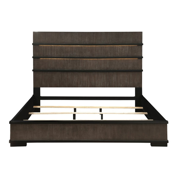 English Elm Two-tone Oak Veneer Queen Bed with Led Headboard for Modern Industrial Bedroom B011S01411