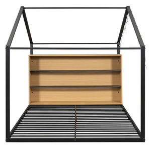 English Elm Full House Bed Frame with Shelves & LED Lights — Metal + Wood Full-Size Playhouse Bed for Kids Room Decor Black N737P176706B