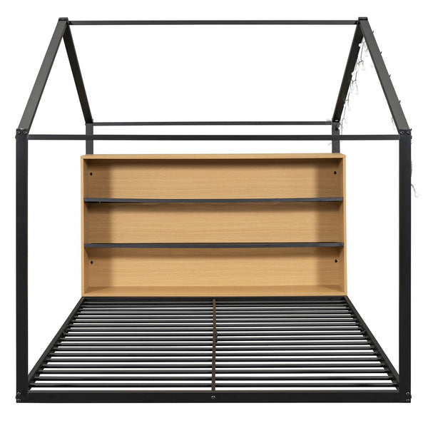 English Elm Full House Bed Frame with Shelves & LED Lights — Metal + Wood Full-Size Playhouse Bed for Kids Room Decor Black N737P176706B