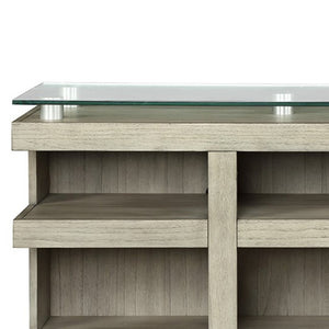 English Elm Celino 65 Inch Media Console with Tempered Glass Top and Open Shelving in Sandstone B108P468534