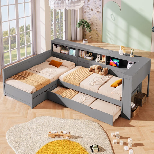 English Elm Wood Twin L-shaped Platform Bed Trundle Shelves Charging Station Kids Room Grey N7090001045E-1