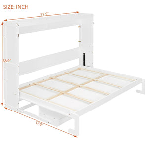 English Elm Queen Murphy Bed Cabinet with Vanity Desk Hydraulic Lift Mirror Distressed Finish White LP000766AAK-1