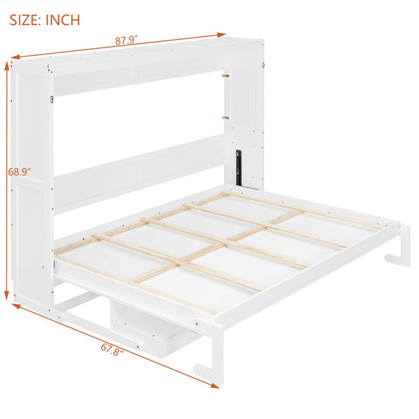English Elm Queen Murphy Bed Cabinet with Vanity Desk Hydraulic Lift Mirror Distressed Finish White LP000766AAK-1