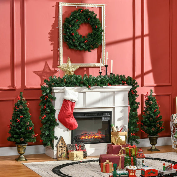 English Elm HOMCOM Prelit 4-Piece Holiday Set with 2 Entry Trees, Garland & Wreath, Warm White LEDs, Red Berries W2225P229437