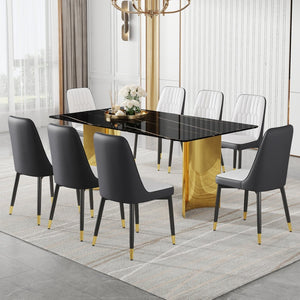 English Elm Table With Glass Top And 8-Spliced Pu Dining Chairs Set - Modern Elegance For Any Dining Space W1151S04339-GIGA