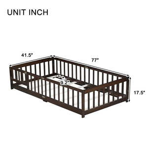 English Elm Twin Low Profile Rubberwood Floor Bed with Full Safety Fence for Toddler Rooms Espresso W504P429279
